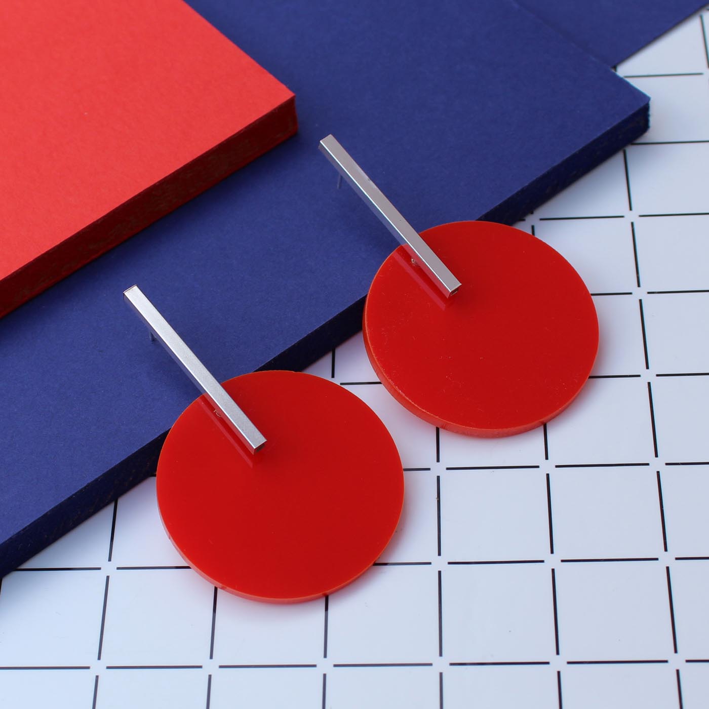 Circle Earrings in Silver with Red Acrylic